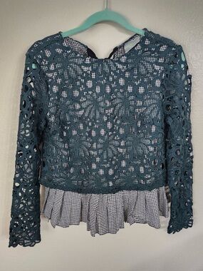 Anthropologie Maeve Gabriella Gingham Lace Peplum Top Green ,Large